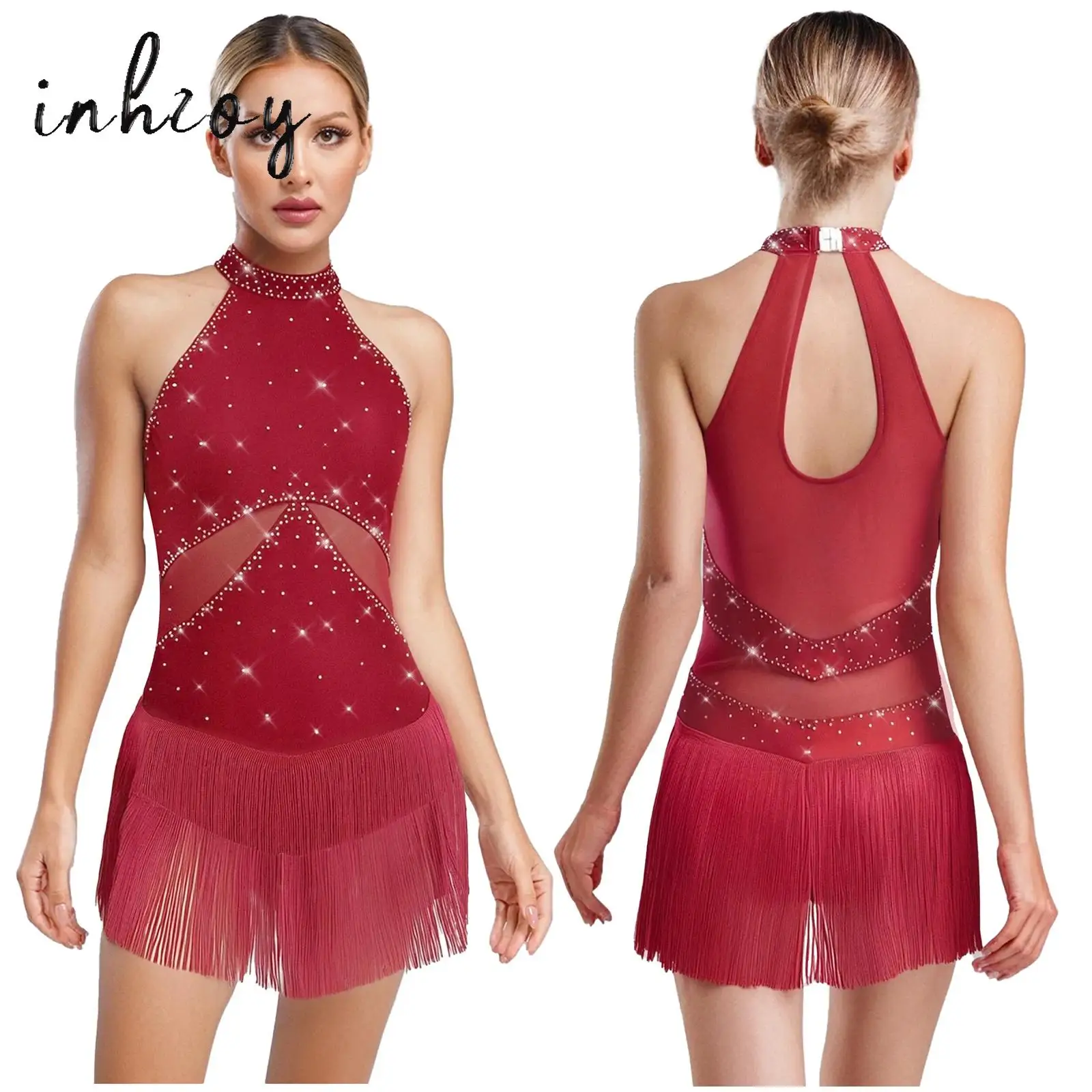 

Women Latin Dance Tassel Dress Fringe Skirt Leotard Bodysuit Tango Cha-Cha Salsa Skating Dance Competition Performance Costumes