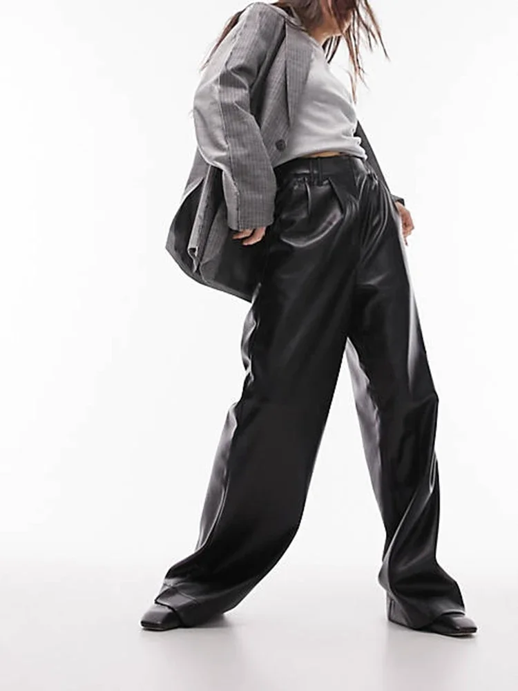 Black High Waist Matte Leather Women Straight Pants Ladies PU Floor Length Trousers Leggings With Pocket Custom
