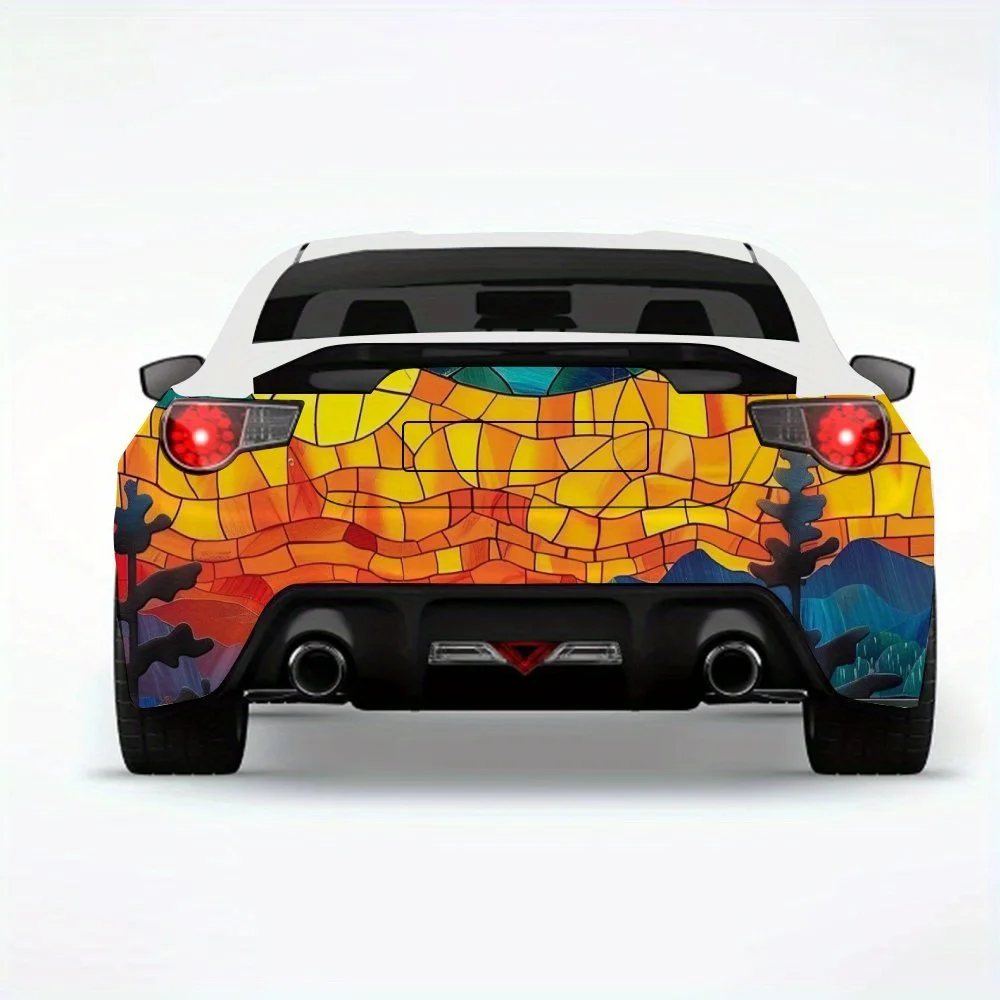 

Stained Glass Sunset Landscape Car StickerVinyl Decal for Car Rear, Waterproof Self-Adhesive Vinyl Stickers for Vehicle Tail & B