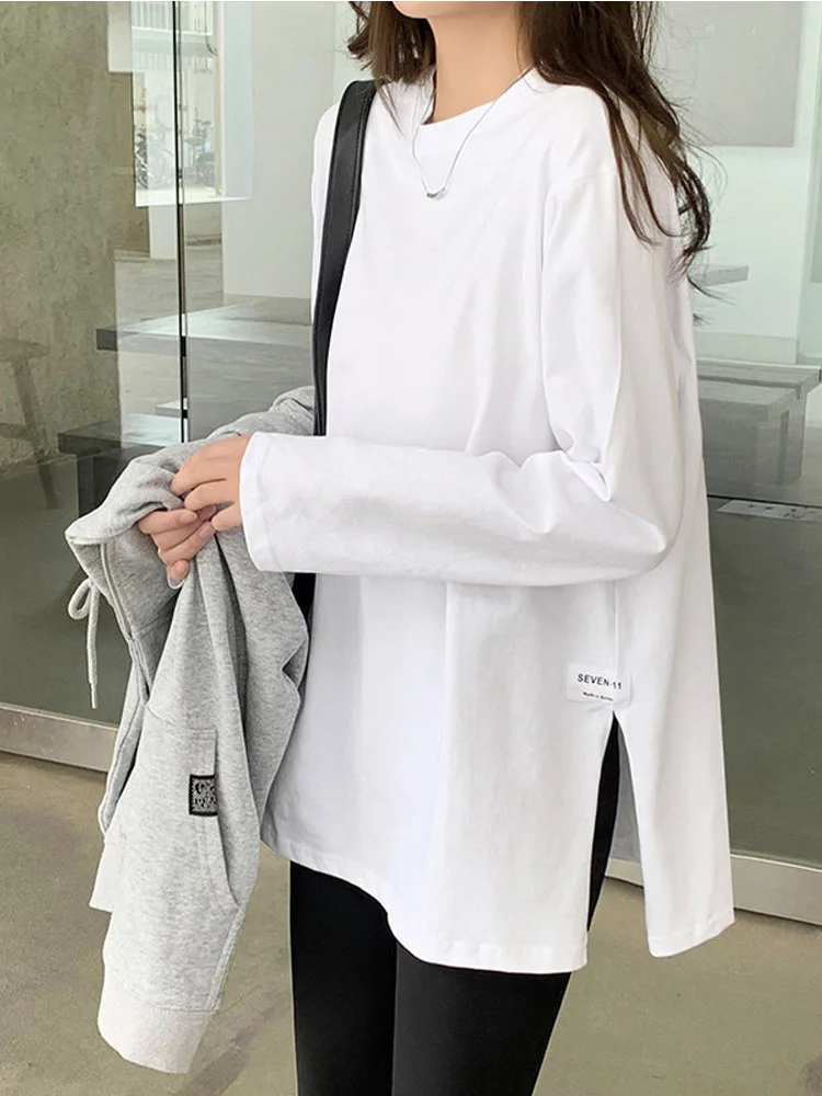 ฤดูใบไม้ร่วงสีขาวสีดําเสื้อผู้หญิงเกาหลีแยกผ้าฝ้ายเสื้อยืดหญิงแขนยาวลําลองหลวม Basic เสื้อ