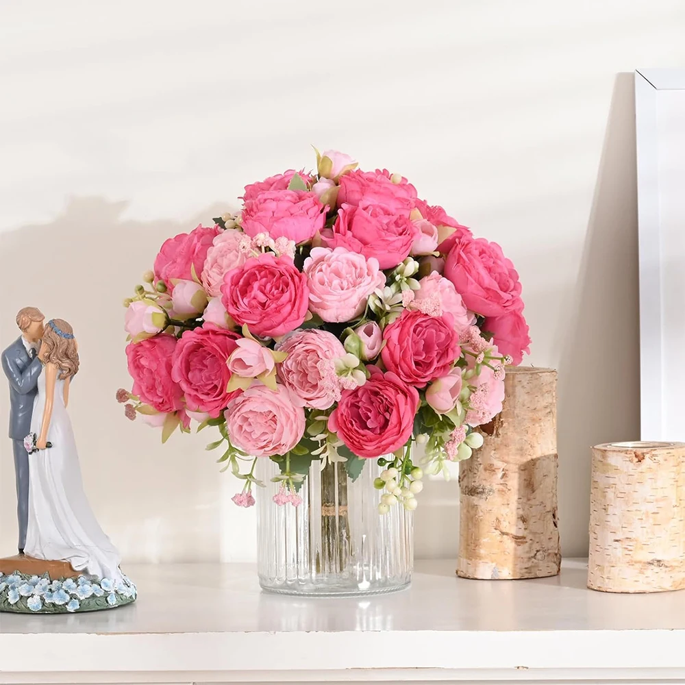 2er-Pack Seiden-Pfingstrosen Künstliche Rosa Hybrid-Pfingstrosen Tischdekoration Hochzeit Party Heim-Deko Künstliche Pfingstrosen-Sträuße zur Dekoration – Detail 7