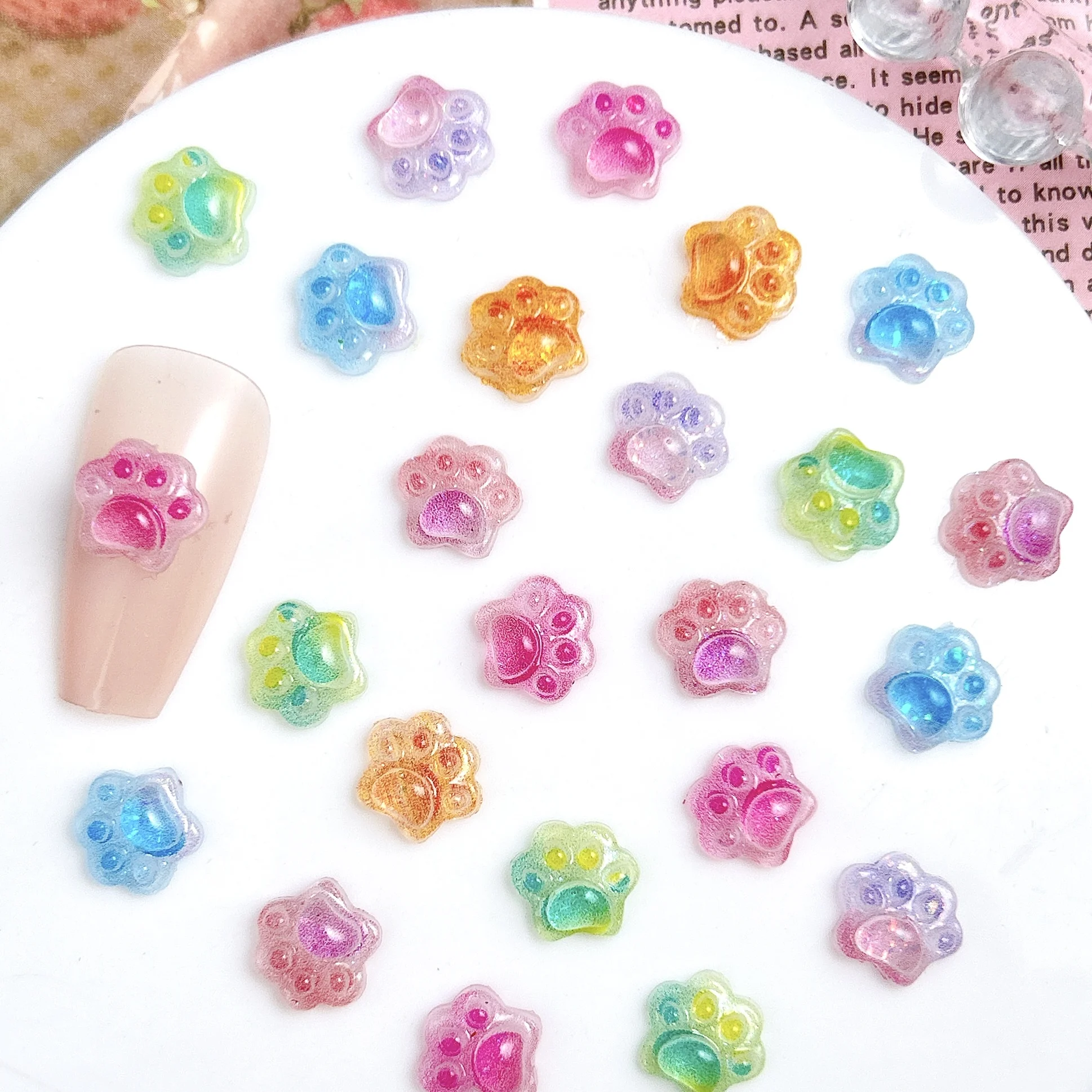 

100PCS Gradient Colored Puppy Paw Resin Nail Art Decorations Kawaii Luminous Cat Claws Animal Paws Nail Charms for Manicure DIY