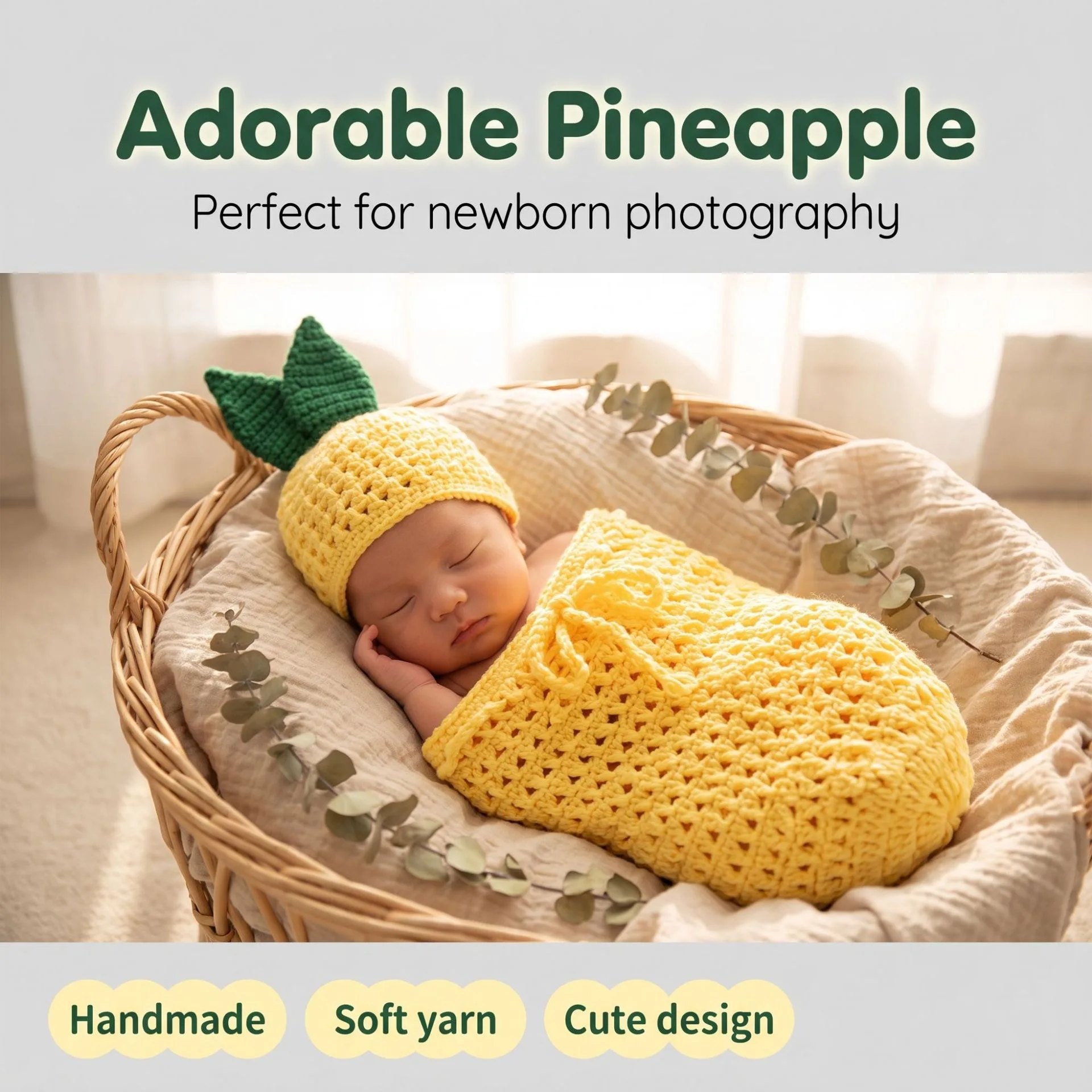 Newborn Photography Props Crochet Sleeping Bag and Leaf Hat 2PCS Set Baby Boy Girl Knitted Photo Outfit Infant Photoshoot Costume