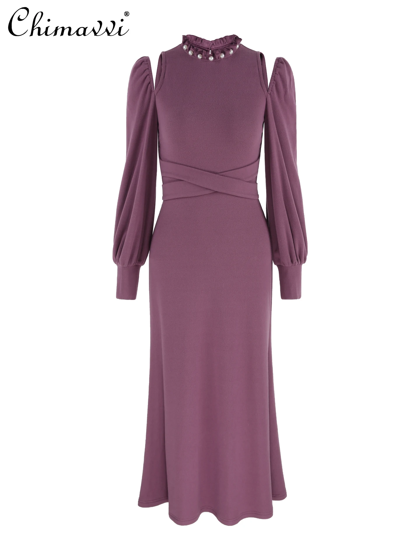 

French Elegant Temperament Banquet Evening Dress Pearl Ruffles Collar Off-Shoulder Lantern Sleeve Purple Long Dress Women Autumn