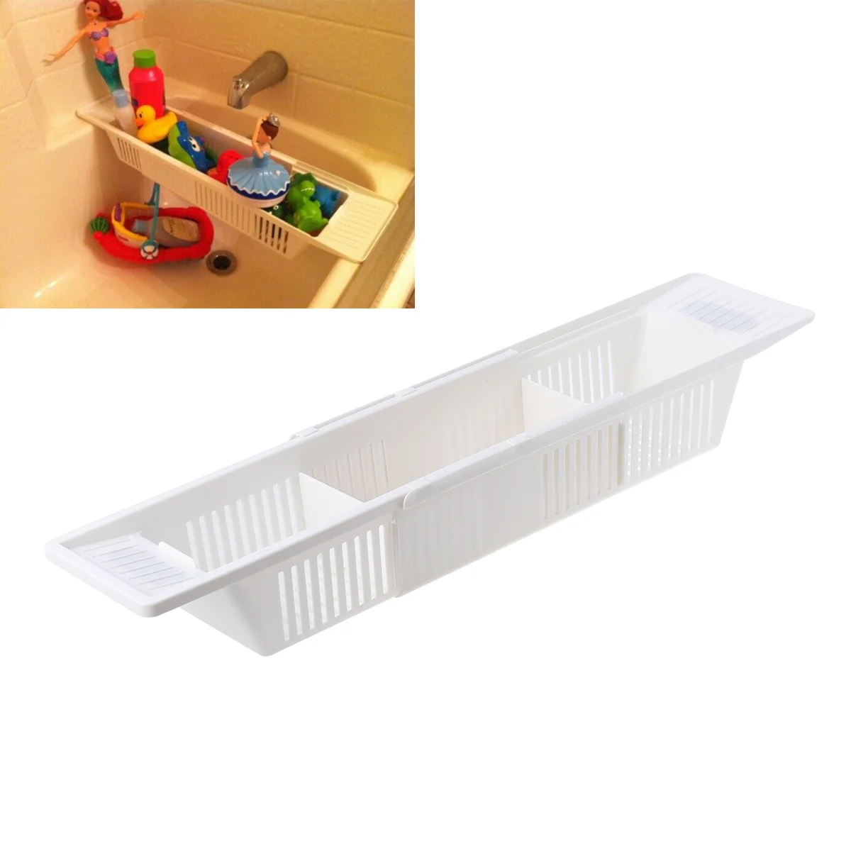 Vassoio da bagno retrattile Cestino portaoggetti per vasca da bagno retrattile in plastica Scaffale per giocattoli da bagno