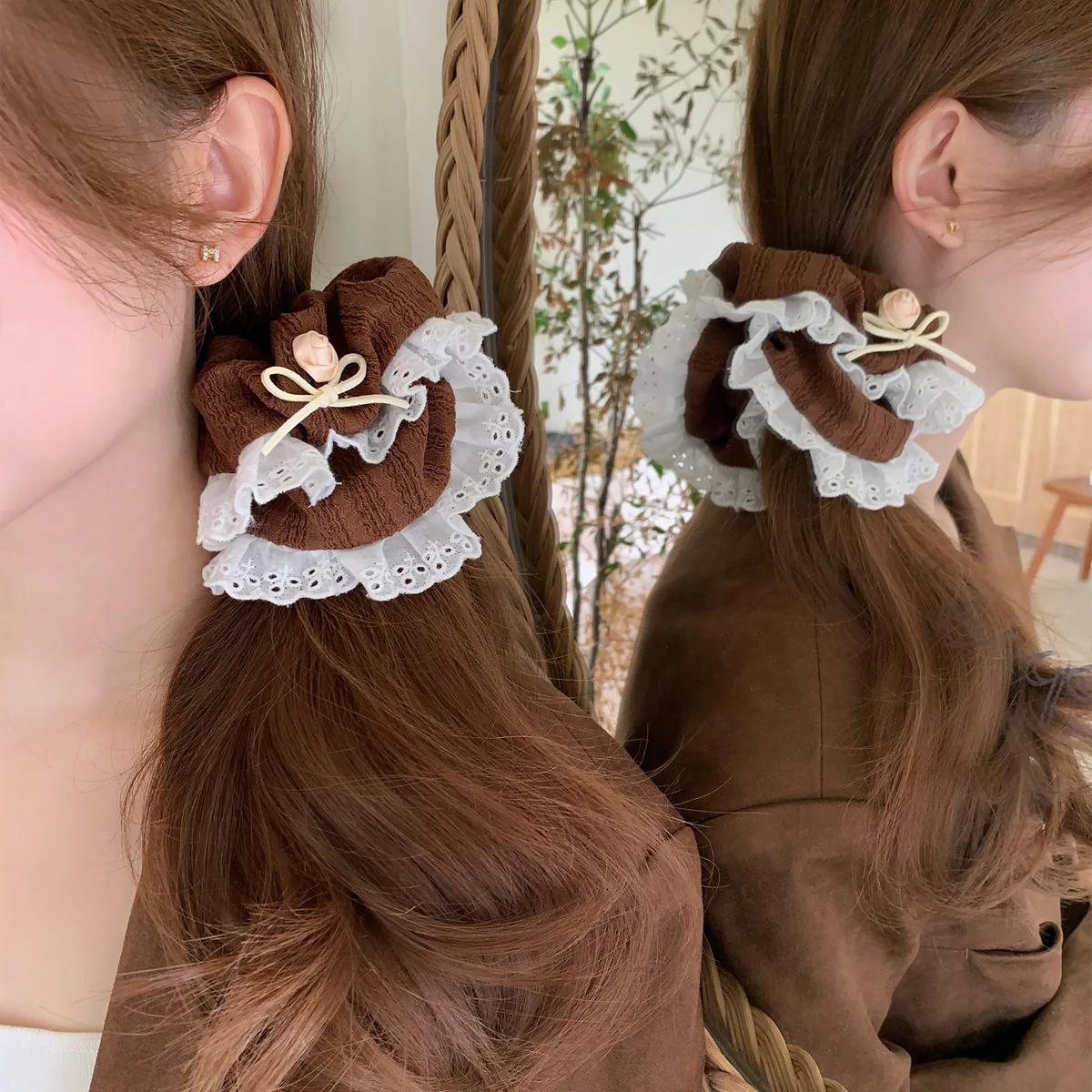 2025 New Atmosphere Brown White Hair Ropes Ties Rose Edges Oversized Scrunchies College Girls Sunny Simple Elastic Hair Bands