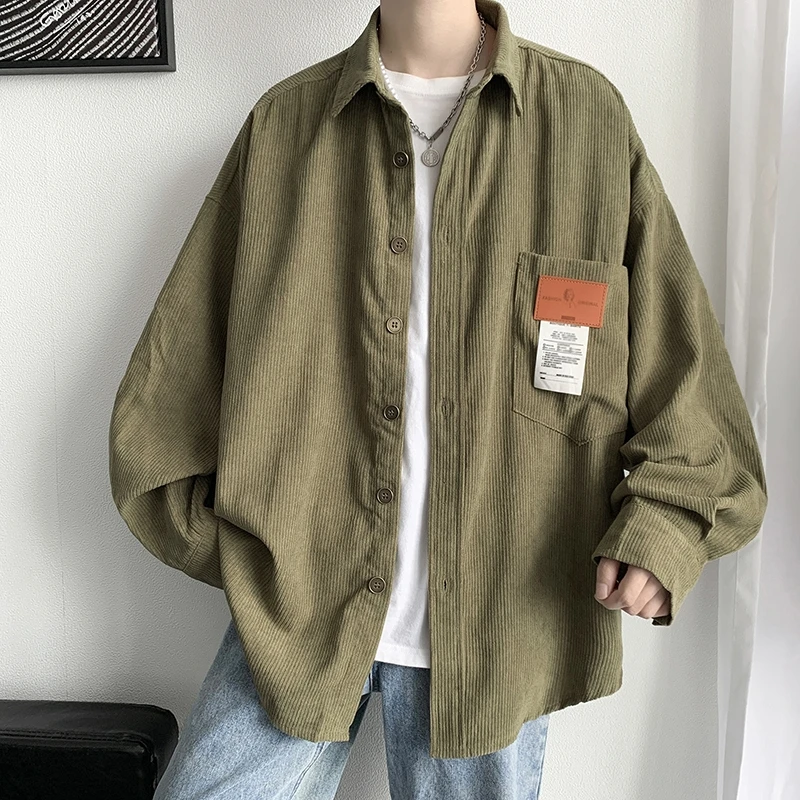 2024 New Men\'s Corduroy Shirts  Casual Fashion Solid Color Autumn Loose Streetwear Shirt Men Japanese Vintage Style Blouse