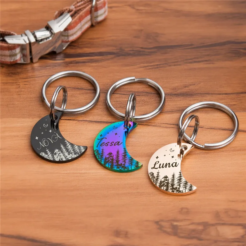 Etiquetas de Identificación Personalizadas para Mascotas con Diseño de Luna y Estrellas, Placa de Identificación para Perros y Gatos con Nombre y Número Personalizados, Collar de Identificación para Cachorros y Gatitos, Accesorios para Mascotas