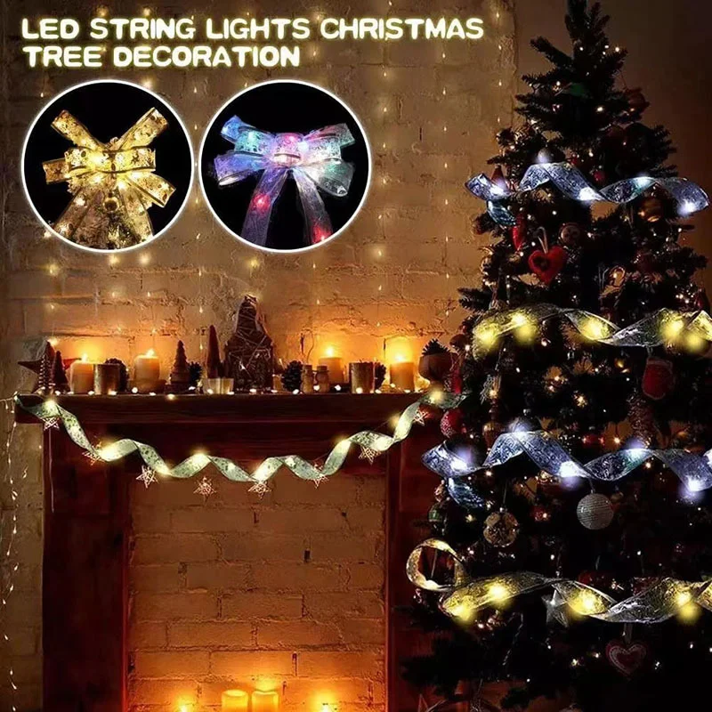 Christmas Ribbon LED Lights String DIY Bowknot Lights AA Battery Powered Shiny Wave Design Christmas Tree New Year Wedding Decor