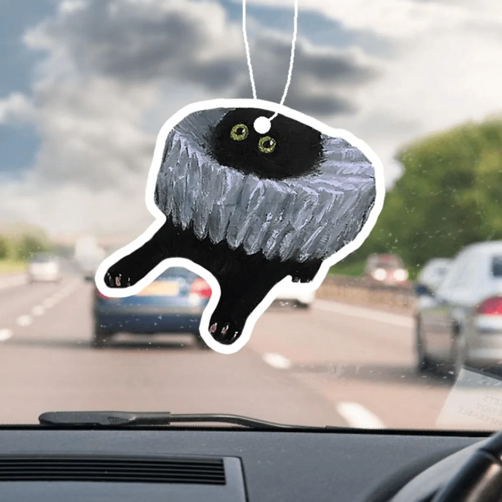 Spitzenhalsband, schwarze Katze, Auto-Duftaufhänger – niedliches Cartoon-Design, hängende Spiegelentlüftung, anhaltender Duft