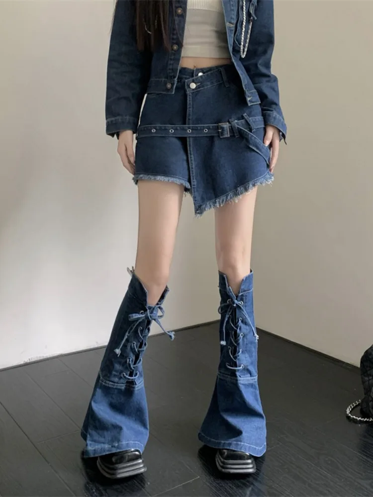 ADAgirl Streetwear Blu Cowboy Top Cappotto Design asimmetrico Lace Up Denim Minigonna Autunno Set di tre pezzi Abiti da donna