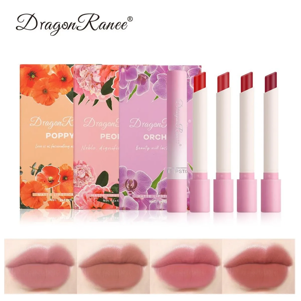 Lip Gloss Set of 4 Matte Makeup, Non-Drying, Non-Fading, Suitable for All Skin Types, Moisturizing, Whitening, Long-Lasting Whit