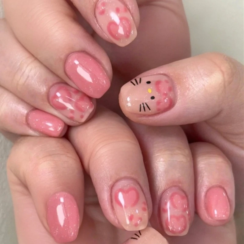 Pink Bowknot Love Glitter Nail Art Sweet Cute Short Square Wearable Fake Nails Detachable Finished False Nails Press on Nails