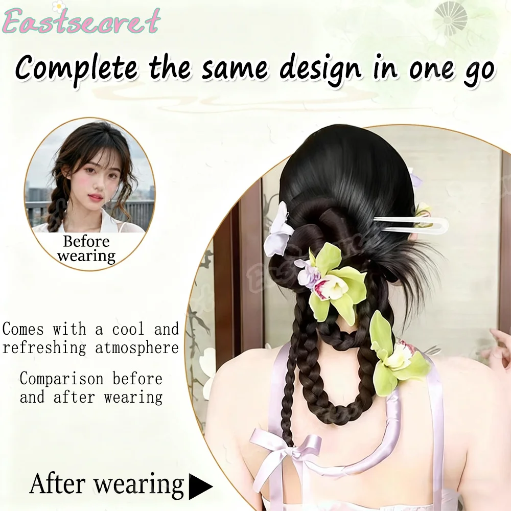 Hair accessories Hand woven hair bow ribbon Fried Dough Twists braid wig Chinese bowknot coiled hair synthetic ponytail wig
