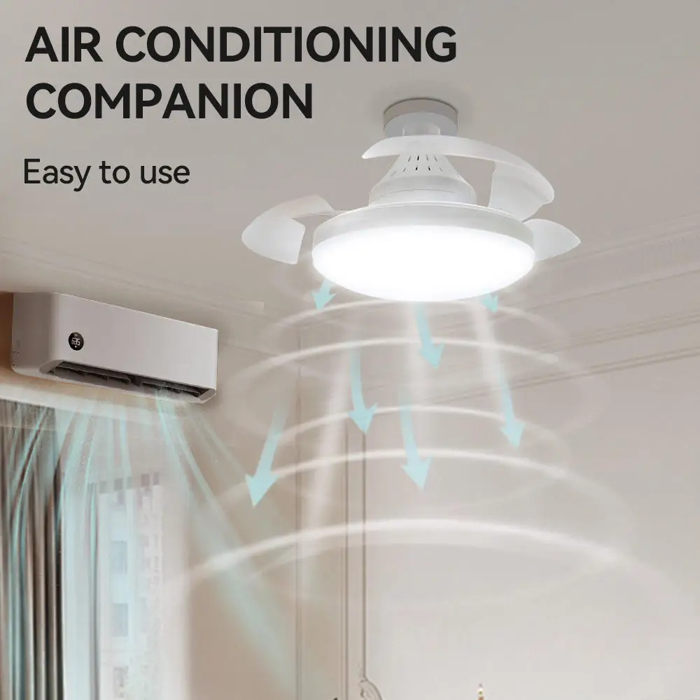 LED Fan Light with E27 Base Invisible Retractable Blade Mute Remote Control Dimmable for Living Room Bedroom Study