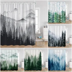 Misty Forest Shower Curtains Snowy Pines Green Forests Nature Landscape Minimalist Bathroom Decor Modern Polyester Bath Curtain