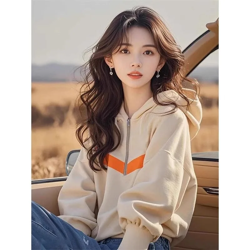 

Spring and Autumn Contrast Color Lazy Zipper Loose Hooded Sweatshirt Women's Long Sleeve Casual Top
