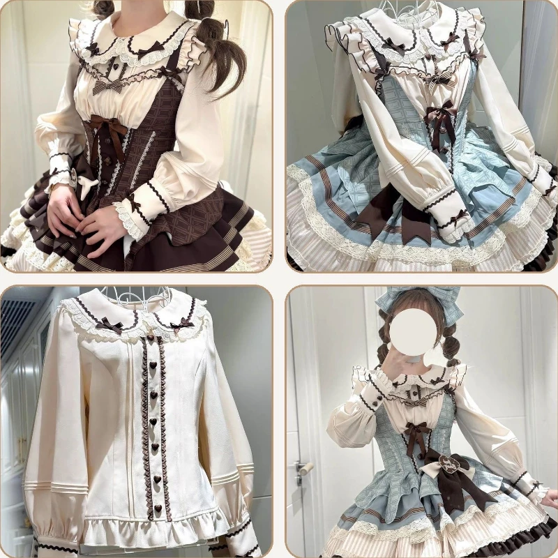 2000s Japan Style Kawaii Lolita Blouse Harajuku Vintage Sweet Bow Lace Slim Women Shirts Y2k Long Sleeve Peter Pan Collar Blouse