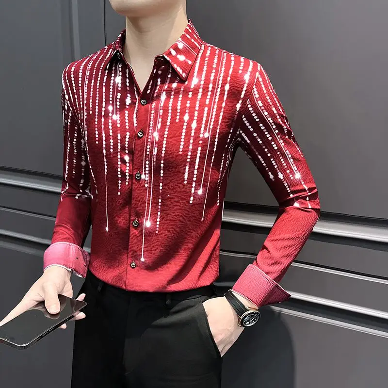 Men's Trendy Long Sleeve Button Down Shirt Dark Green Luminous Line Pattern Nightclub Party Wear Hairdresser Slim Fit Top 2026