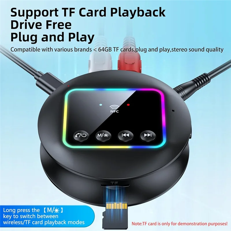 A92Z NFC Bluetooth 5.4 Sender Empfänger, Bluetooth RCA Audio Adapter mit RGB Licht/AUX/RCA/TF für TV/Auto/PC/Lautsprecher