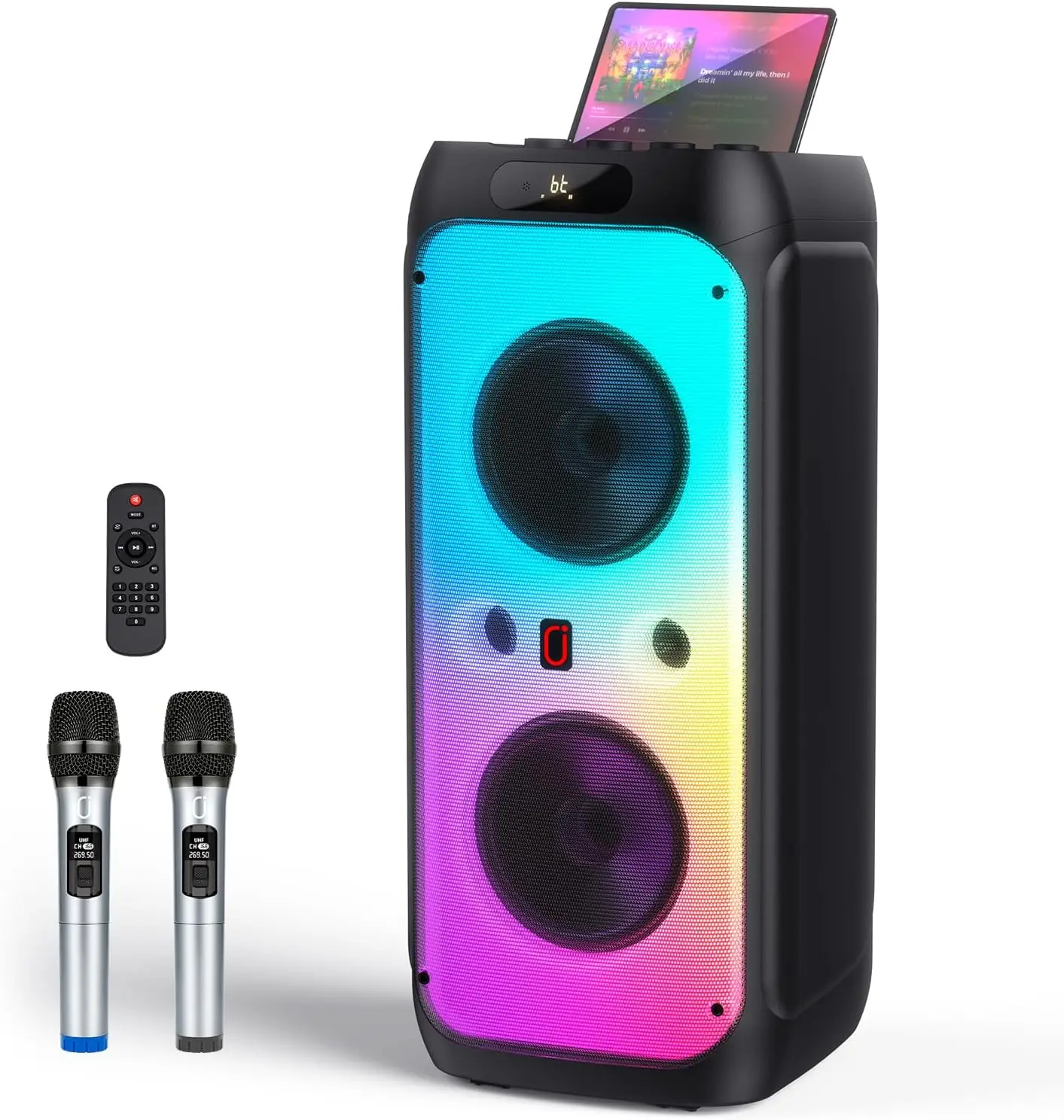 Extra-Large 600W Peak Bluetooth PA Party Speaker with Dual 10-Inch Woofers, 3.5-Inch Tweeters, Deep Bass, 2 Wireless Microphones & LED Lights for Backyard Parties, BBQs, Camping and Outdoor Events
