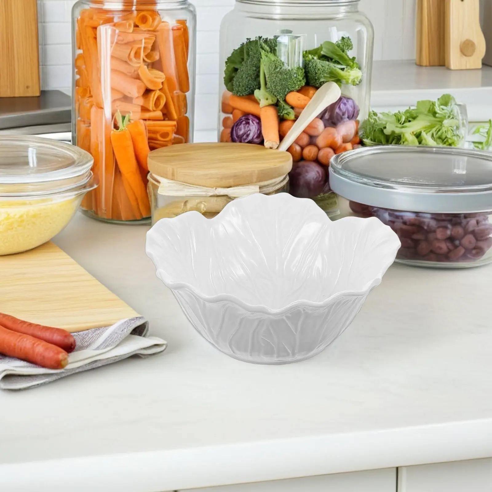 White Porcelain Flower Embossed Deep Bowl with Cabbage Motif for Soup Salad Cereal Appetizer Snack Serving Decorative Dining