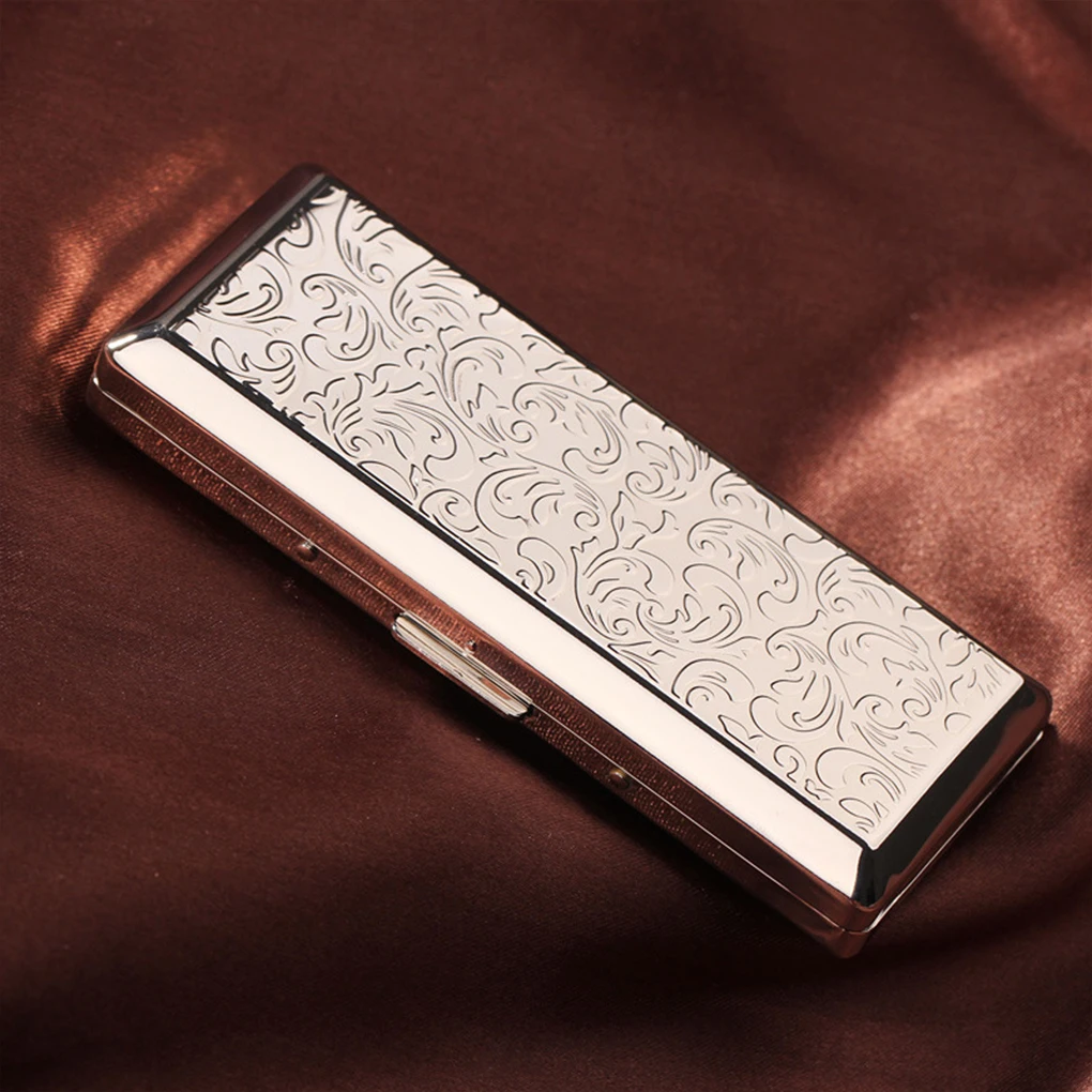 Slim Embossed Pattern Cigarette Case Women Stainless Steel Long Thin Smoking Cigarette Box Can Hold 14 Pieces 담배 케이스 علبة سجائر