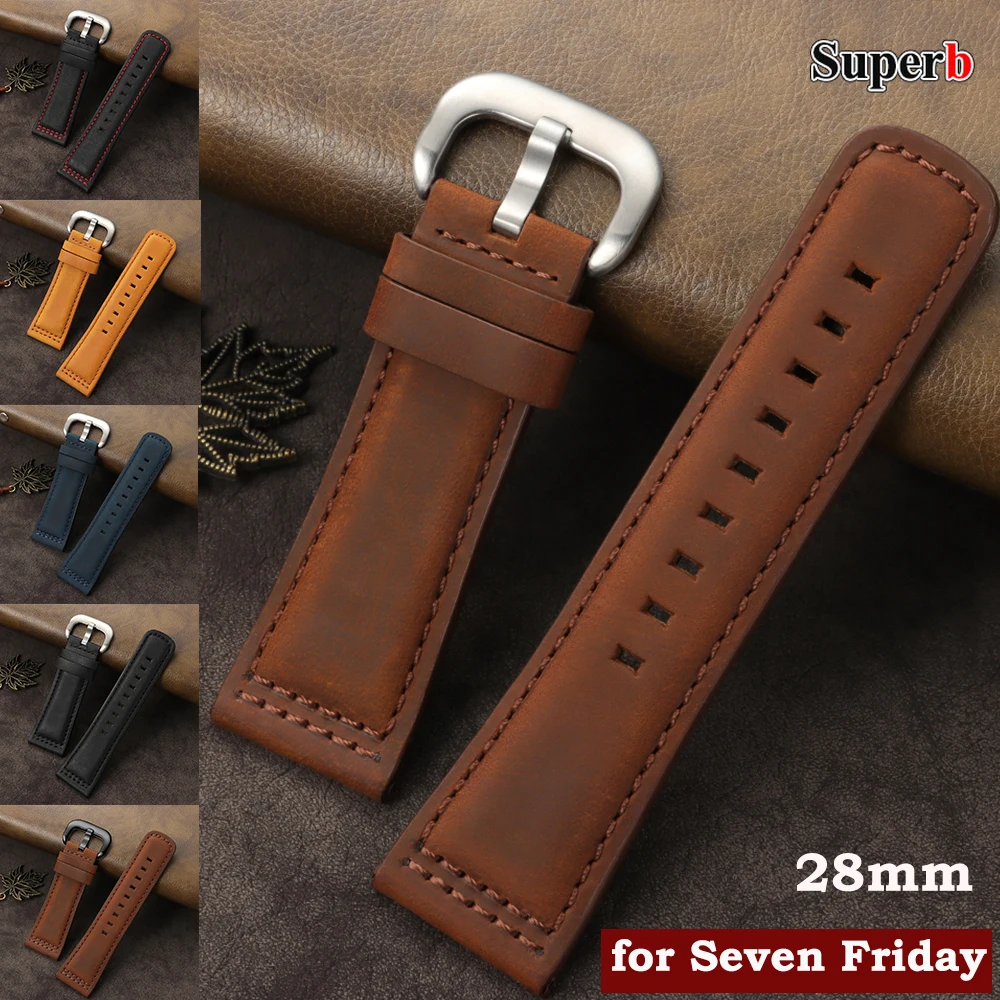 28mm Vintage Frosted Leather Watch for Seven Friday Men's Watchband M2/02 P1B/01 Bracelet with Accessories Business Sport Strap