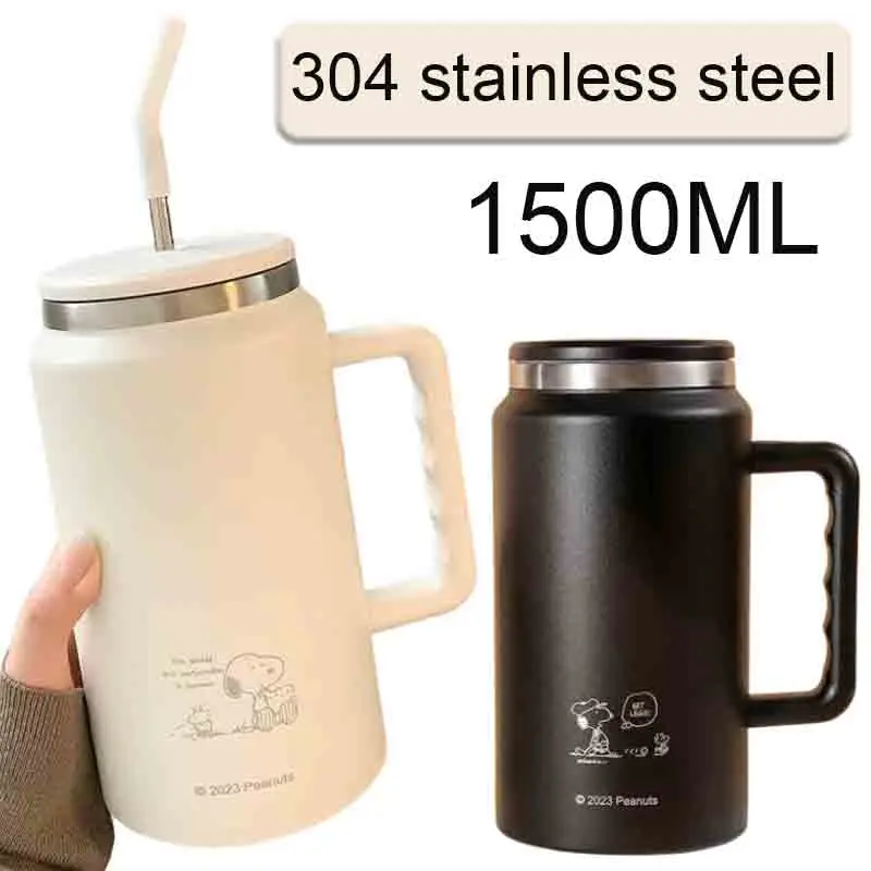 

1500ml Snoopy Vacuum Flasks 304 Stainless Steel Large Capacity Thermal Bottle Cartoon Straw Bottle Coffee Water Mug With Handle