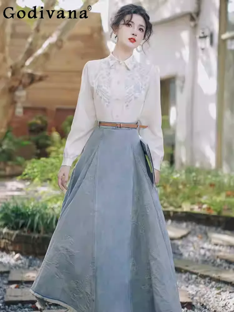 Primavera Autunno Jacquard Sciolto senza maniche Azzurro Gilet versatile Moda Retro Riduzione dell'età Gonna in denim universitario a vita alta