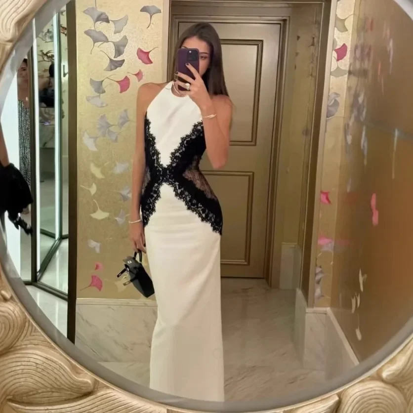 Sexy Spitze Patchwork Kontrast Maxi Kleid Frauen Chic Halfter Ärmellose Off Schulter Durchsichtig Robe Sommer Dame Dinner-Party Tragen