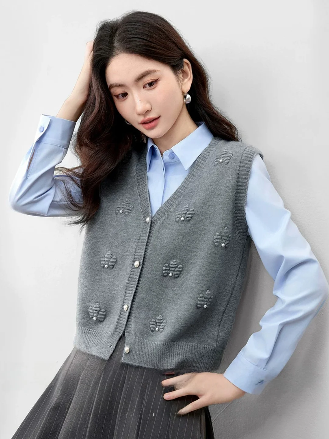 Women's Open Cardigan Vest Knitted Loose Outerwear Fashionable Spring Autumn Layering Style Polyester Acrylic Blend V-neck Si...
