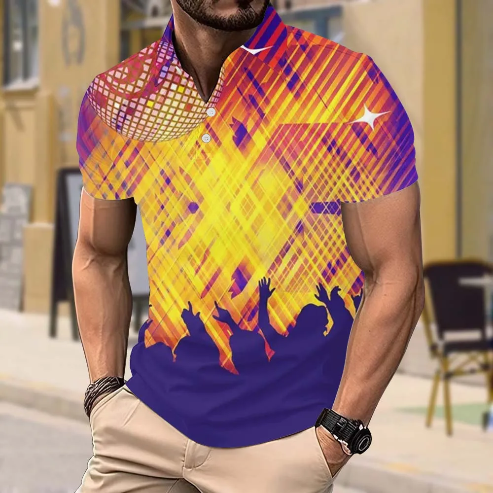 

2024Men's Spring and Summer Polo Shirt Colorful Party Nightclub Print Lapel Short Sleeve Top Y2K Outdoor Casual Loose Polo Shirt