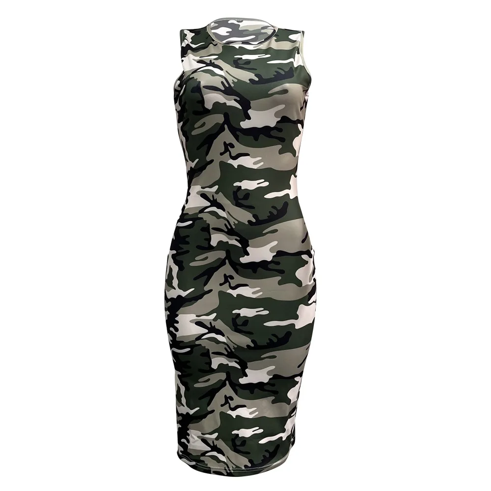 Vestidos femininos vestido estampado camo em torno do pescoço na altura do joelho sem mangas cintura cinched leve estiramento fino ajuste casual escritório 2025 verão