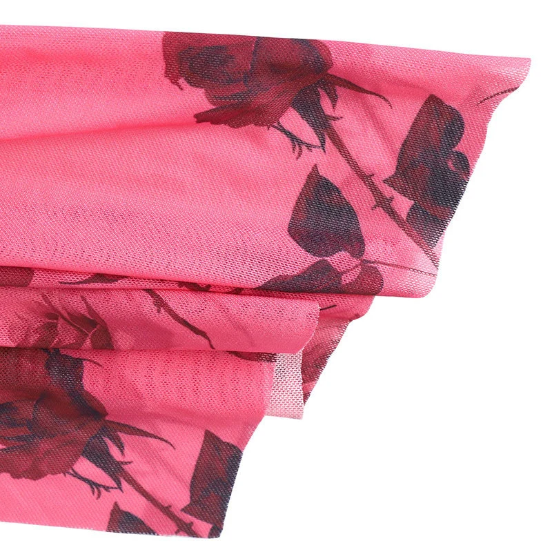 Damen Rosa Rosen-Print Transparentes Mesh-Minikleid Schulterfreies Langarm-Kleid mit Raffungen und Seitlicher Schnürung Sexy Party-Clubwear – Detail 5