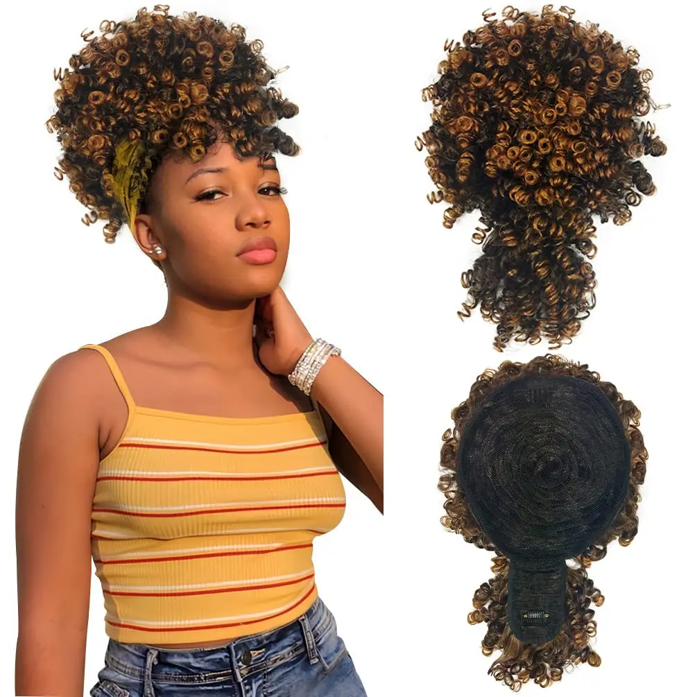 

Afro Puff Synthetic Drawstring Ponytail with Bangs Pineapple Updo Hair for Black Women Short Kinky Curly Ponytail Bun