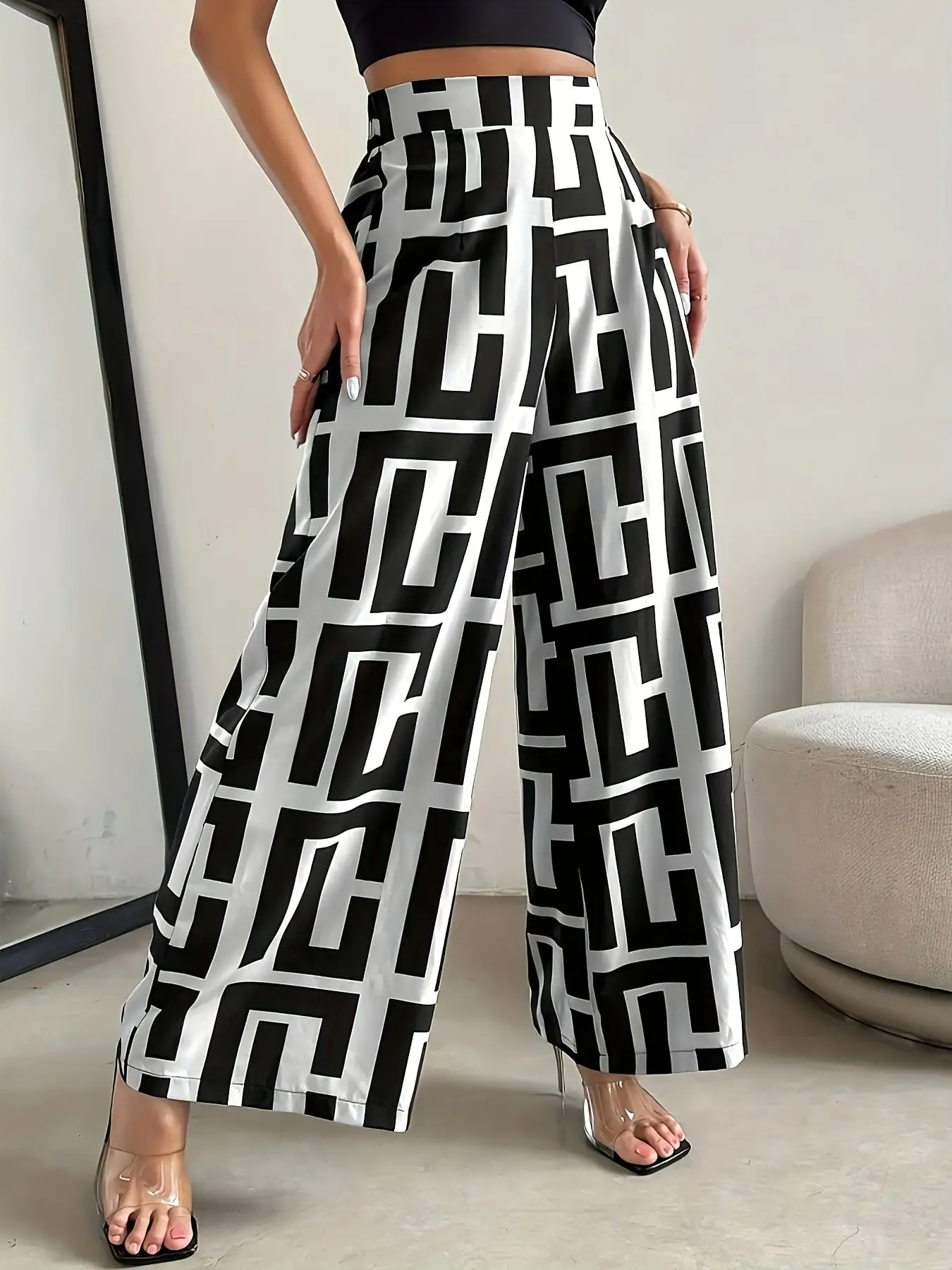 2026 Casual and Elegant Bohemian Style Wide Leg Elastic Waist Dual Color Checkered Printed Loose Pants Wide Leg Pants