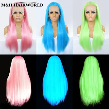 Yeşil mavi pembe parlayan aydınlık peruk 13x3 dantel ön peruk sentetik Cosplay parti peruk işık parlayan saç karanlıkta parlayan saç