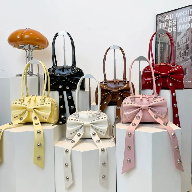 

Brand Y2K Large Storage Shoulder Bag For Women Punk Style Rivet Motorcycle Handbag Street Lady Korean Style Fashion Bow Bag