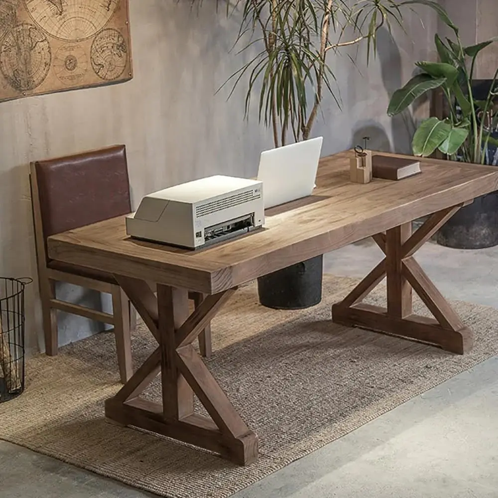 

Compact X-Trestle Solid Wood Desk, Rustic Style for Executive Home Office, Suitable for Writing and Computer Use in Study Rooms