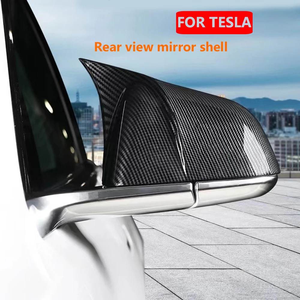 

1set For Tesla Model 3/Y Carbon Fiber Black/Bright Black Car Horn Style Rearview Side Mirror Cover Caps car-styling