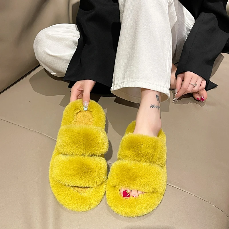 Fashion One Word Thick Fur Slippers Double Fur Slippers Casual Home Cotton Shoes for Women Flat Plush Cross Straps Slippers 2024