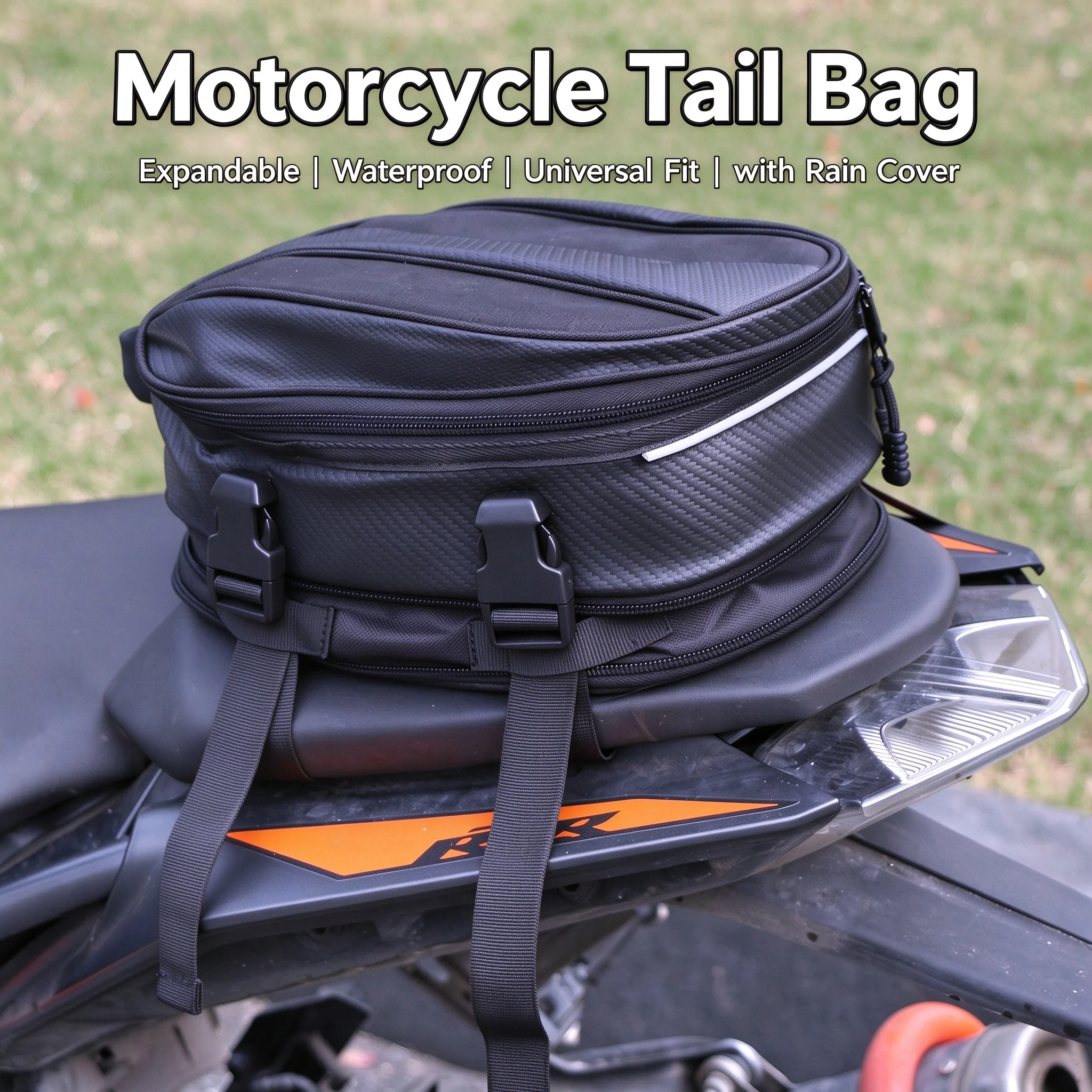 Motorcycle Tail Bag Rear Seat Bag Waterproof PU Expandable 30x22x13-18cm Universal Luggage Storage Helmet Bag Rain Cover Straps