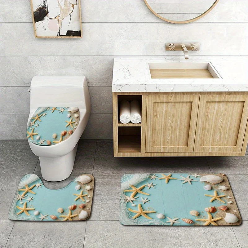 3pcs Starfish Shell Bathroom Rug Set with U-Shaped Toilet Mat & Bucket Lid Cover - Super Soft Flannel Turquoise Coastal Bath Mat