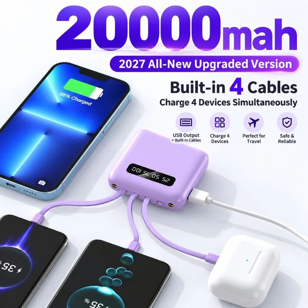 New 20000mAh Mini Power Bank Fast Charge Battery Pack 4 Built-in Cables USB-C Portable Charger for iPhone Xiaomi Huawei Samsung