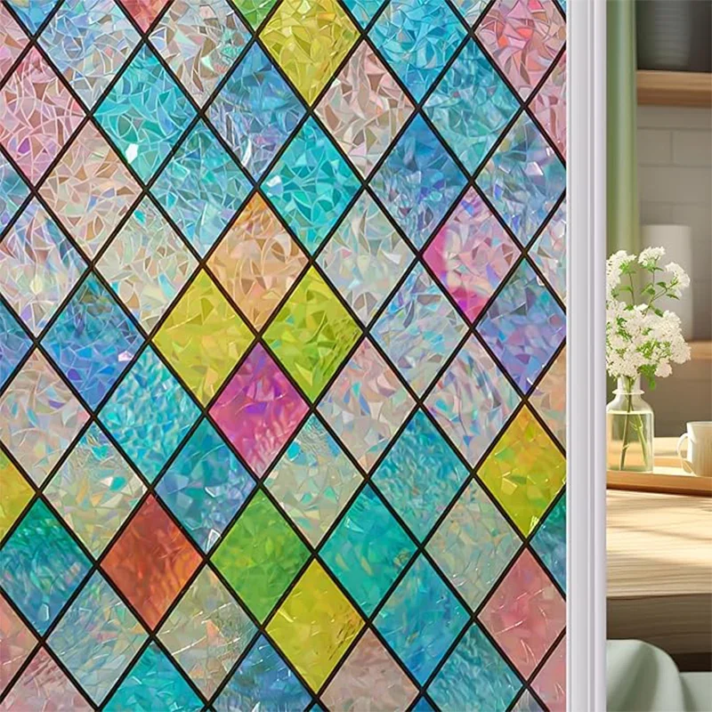 Window Film  Rainbow Holographic Window Privacy Film Decorative UV Sun Blocking Static Cling Window Covering Film for Home