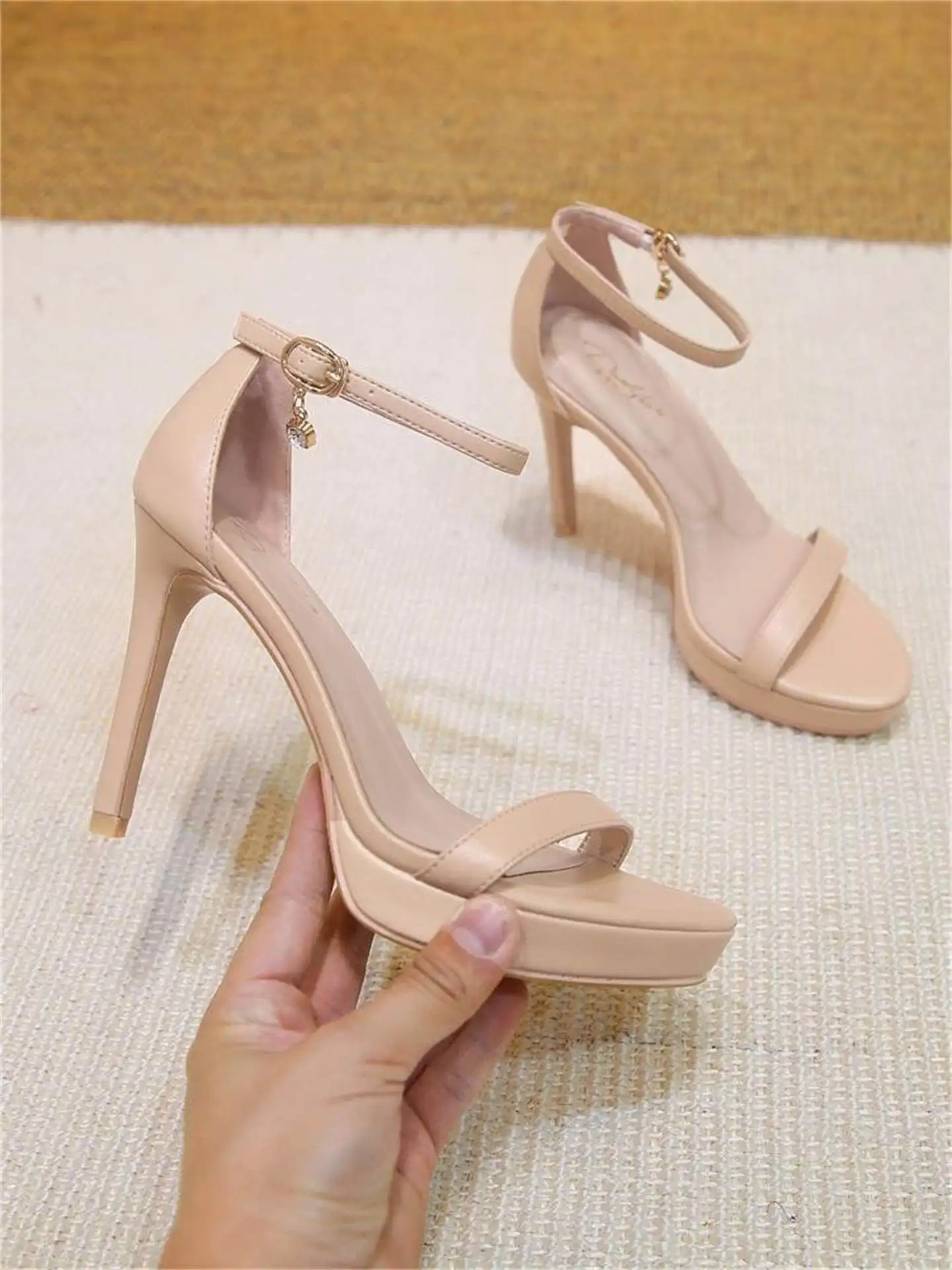 2026New leather nude waterproof platform high-heeled shoes with thin heels and a straight strap for women's fashion sandals