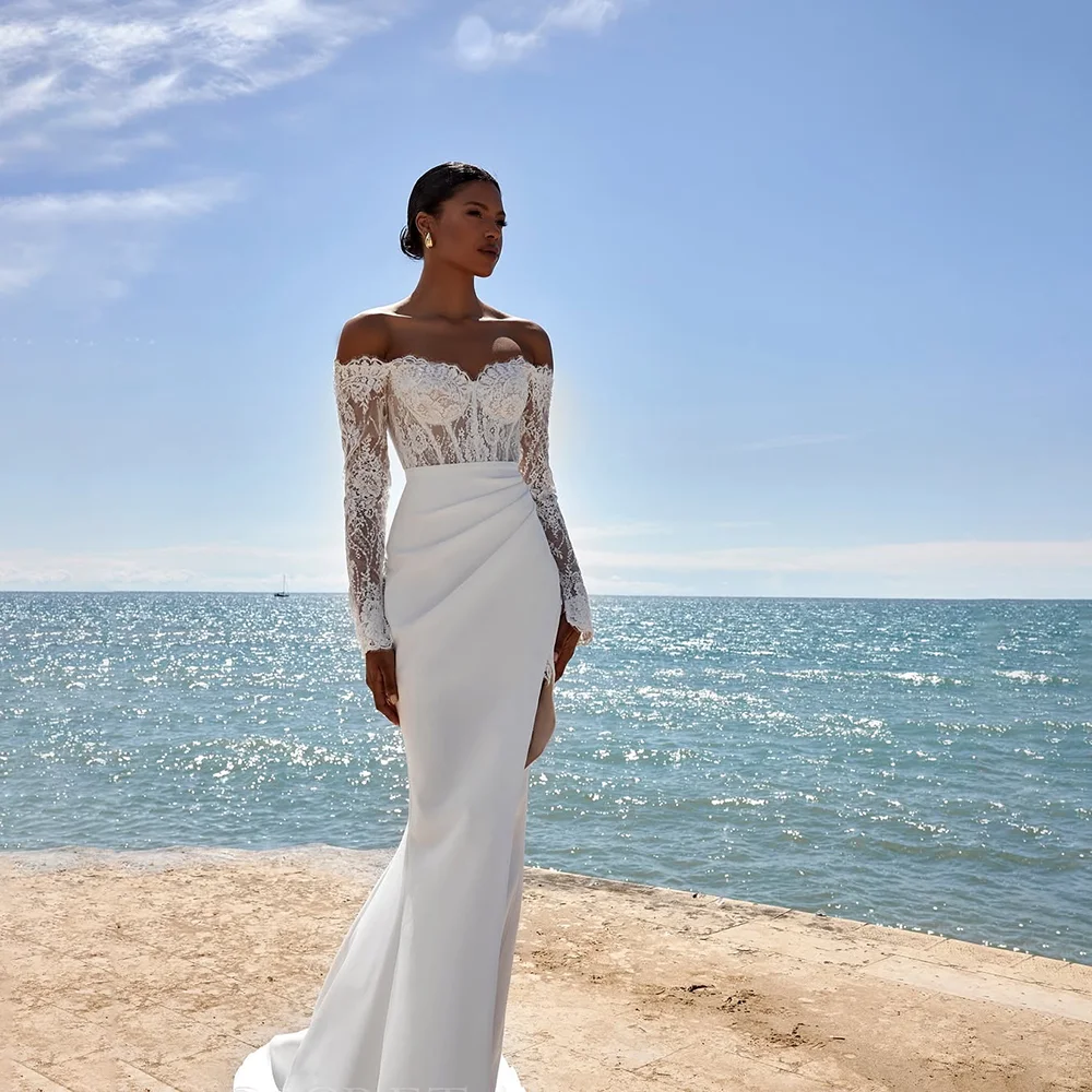 

ZIBUYU Off-Shoulder Sheer Lace Long-Sleeve Ruched Mermaid Bridal Dress High Slit SweepTrain 2025 Elegant Weeding Gown Customized