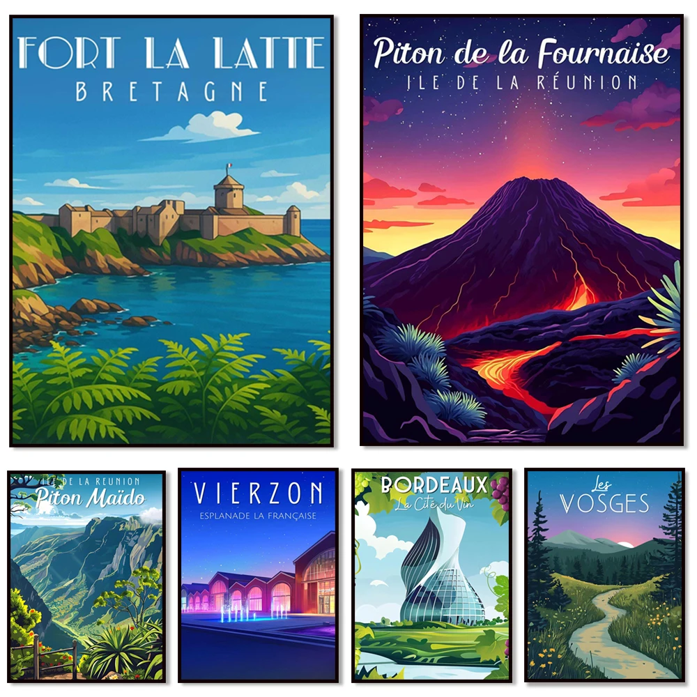 Pósteres de viaje Le Havre, Bordeaux, Brittany, Isla de la Reunión, Vosges Mountains, Corsica, Les Carrosses, Marsella a Cassis