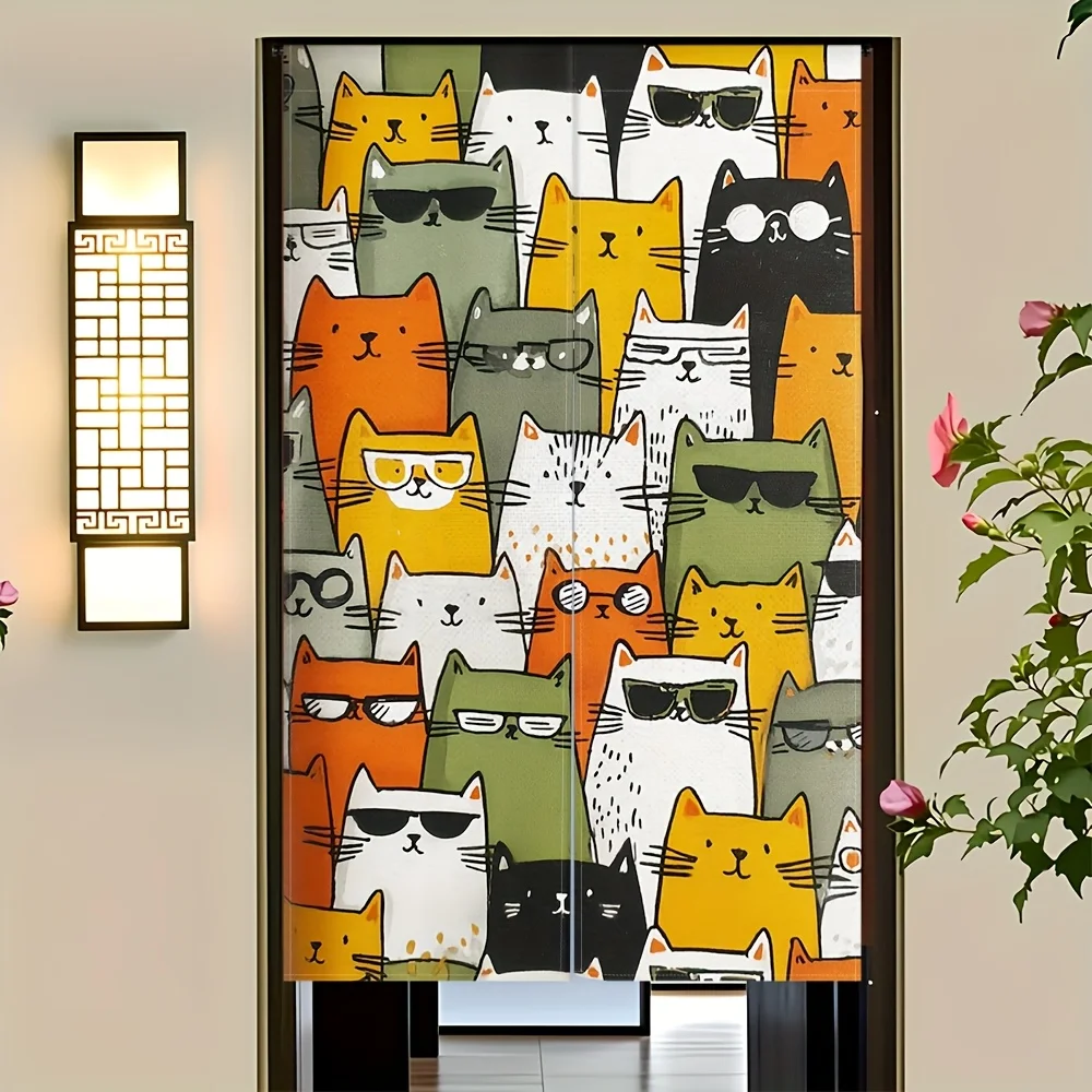 Niedlicher Cartoon-Kätzchen-Muster-Vorhang, schwarz, weiß, gelb, bunt, Türvorhang für Zuhause, Küche, Schlafzimmer, Fensterdekoration